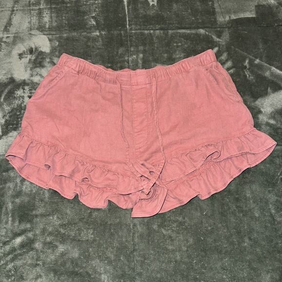American Eagle Stretch Linen-Blend Ruffle Shorts Women’s Medium Pink Drawstring - Picture 1 of 7